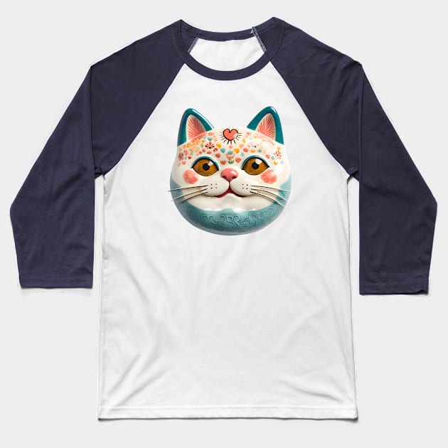 Retro Kitschy Cat Heads Baseball T-Shirt by KittyStampedeCo